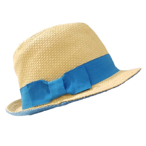 Tan & Turquoise Woven Paper & Grosgrain Ribbon Hat - Picture 3 of 10